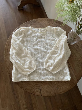 Natural Cotton Pleated Shirred Square Neck Blouse