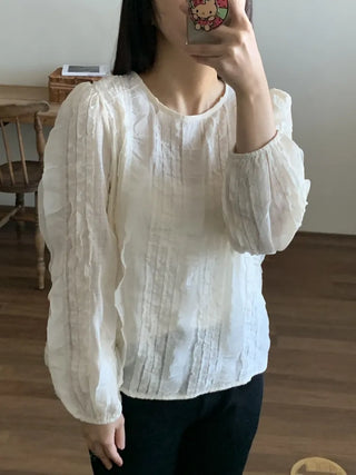 Natural Cotton Pleated Shirred Square Neck Blouse