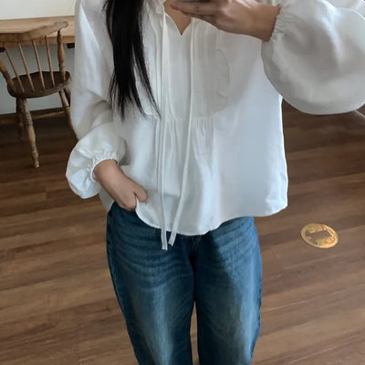 Air String Shirred Balloon Sleeve Blouse
