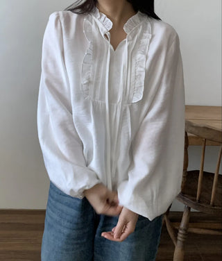 Air String Shirred Balloon Sleeve Blouse