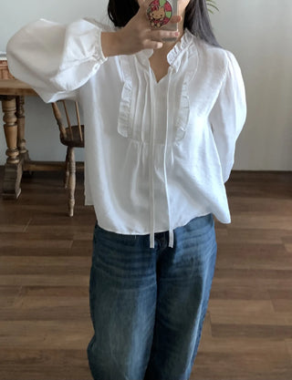 Air String Shirred Balloon Sleeve Blouse