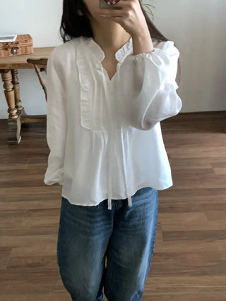 Air String Shirred Balloon Sleeve Blouse