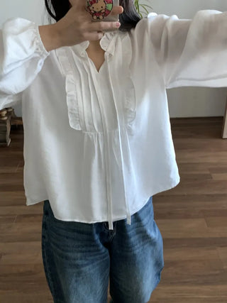 Air String Shirred Balloon Sleeve Blouse