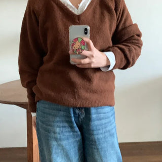 Color Block Collar Loose Fit V-Neck Knit