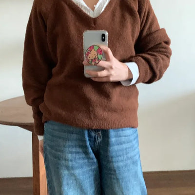 Color Block Collar Loose Fit V-Neck Knit