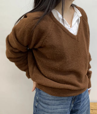 Color Block Collar Loose Fit V-Neck Knit