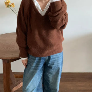 Color Block Collar Loose Fit V-Neck Knit