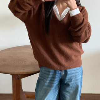 Color Block Collar Loose Fit V-Neck Knit