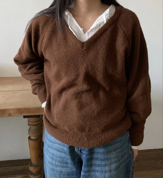 Color Block Collar Loose Fit V-Neck Knit