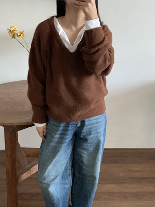 Color Block Collar Loose Fit V-Neck Knit