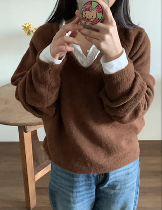 Color Block Collar Loose Fit V-Neck Knit