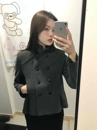Chic Stand Collar Double Pellum Wool Short Coat