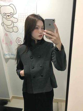 Chic Stand Collar Double Pellum Wool Short Coat