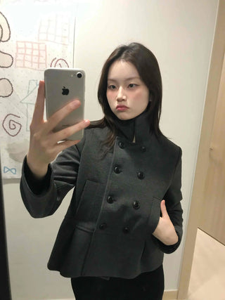 Chic Stand Collar Double Pellum Wool Short Coat