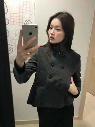 Chic Stand Collar Double Pellum Wool Short Coat