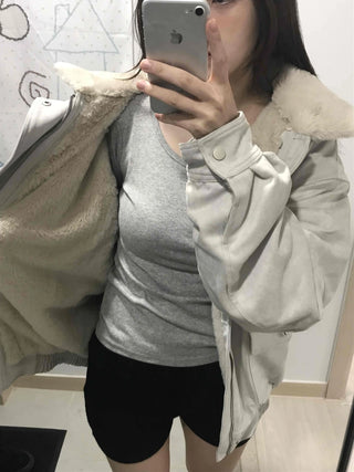 Drop Shoulder Fading Buckle Cropped Padded Jacket