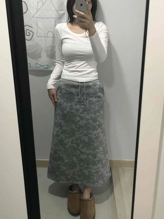 Khaki Camouflage H-Line Long Skirt