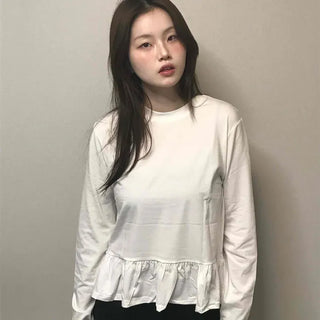 Delicate Fit Shirred Frill Round Neck Long Sleeve Tee