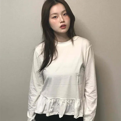 Delicate Fit Shirred Frill Round Neck Long Sleeve Tee