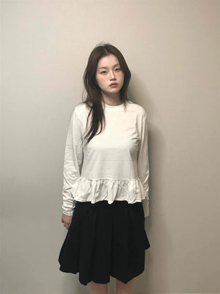 Delicate Fit Shirred Frill Round Neck Long Sleeve Tee