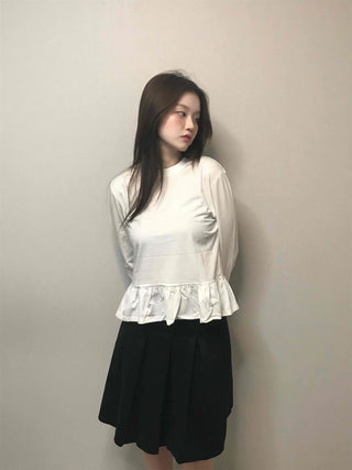 Delicate Fit Shirred Frill Round Neck Long Sleeve Tee