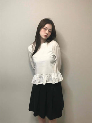 Delicate Fit Shirred Frill Round Neck Long Sleeve Tee