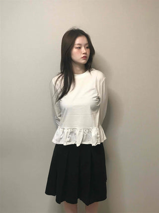 Delicate Fit Shirred Frill Round Neck Long Sleeve Tee