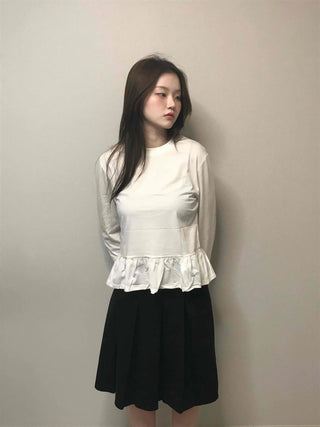 Delicate Fit Shirred Frill Round Neck Long Sleeve Tee