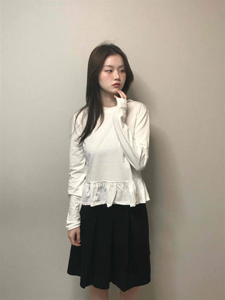 Delicate Fit Shirred Frill Round Neck Long Sleeve Tee