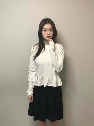 Delicate Fit Shirred Frill Round Neck Long Sleeve Tee