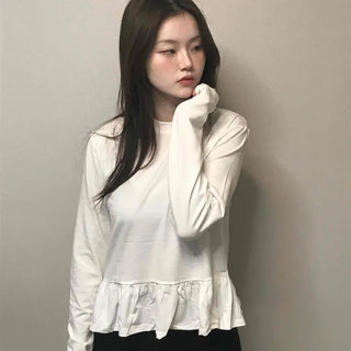 Delicate Fit Shirred Frill Round Neck Long Sleeve Tee
