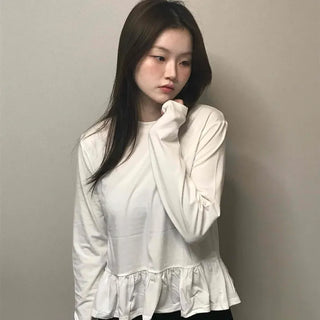 Delicate Fit Shirred Frill Round Neck Long Sleeve Tee