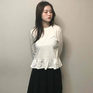 Delicate Fit Shirred Frill Round Neck Long Sleeve Tee