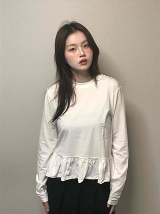 Delicate Fit Shirred Frill Round Neck Long Sleeve Tee