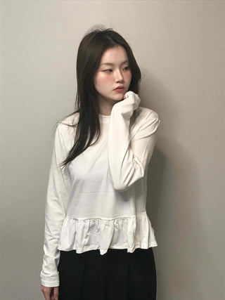 Delicate Fit Shirred Frill Round Neck Long Sleeve Tee