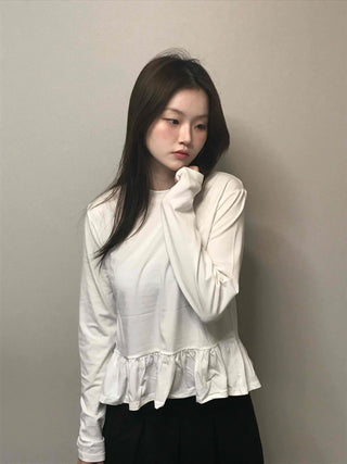 Delicate Fit Shirred Frill Round Neck Long Sleeve Tee