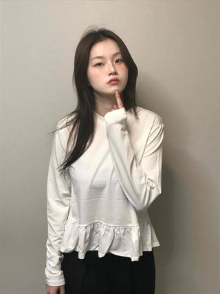 Delicate Fit Shirred Frill Round Neck Long Sleeve Tee
