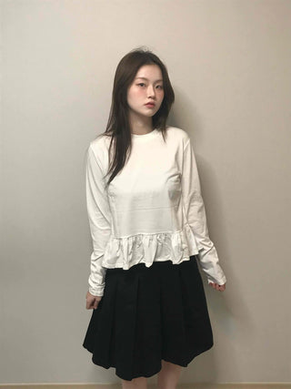 Delicate Fit Shirred Frill Round Neck Long Sleeve Tee