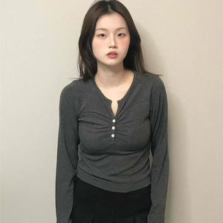 Center Shirred Button V-Neck Voluminous Long Sleeve Tee