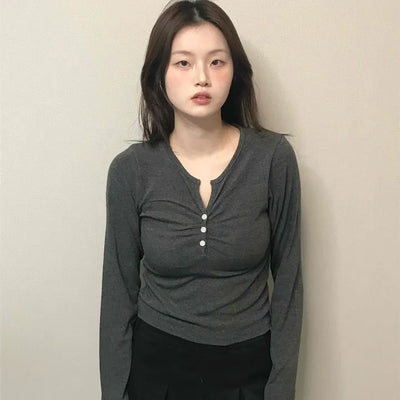 Center Shirred Button V-Neck Voluminous Long Sleeve Tee