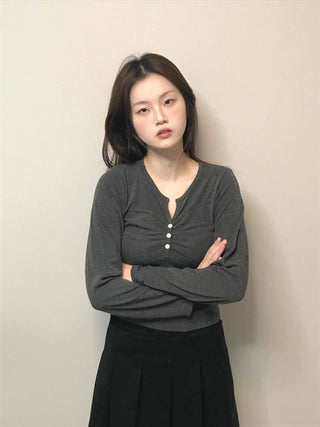 Center Shirred Button V-Neck Voluminous Long Sleeve Tee