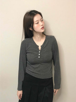 Center Shirred Button V-Neck Voluminous Long Sleeve Tee