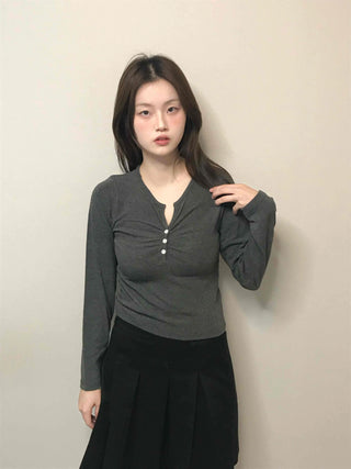 Center Shirred Button V-Neck Voluminous Long Sleeve Tee