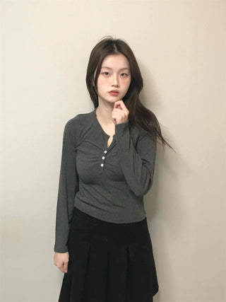 Center Shirred Button V-Neck Voluminous Long Sleeve Tee