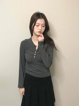 Center Shirred Button V-Neck Voluminous Long Sleeve Tee