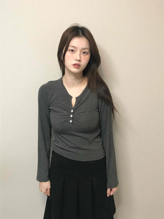 Center Shirred Button V-Neck Voluminous Long Sleeve Tee