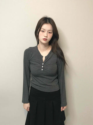 Center Shirred Button V-Neck Voluminous Long Sleeve Tee