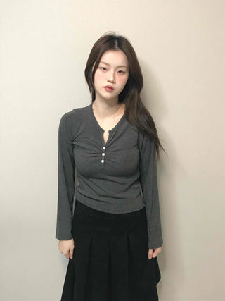 Center Shirred Button V-Neck Voluminous Long Sleeve Tee