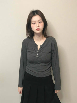 Center Shirred Button V-Neck Voluminous Long Sleeve Tee