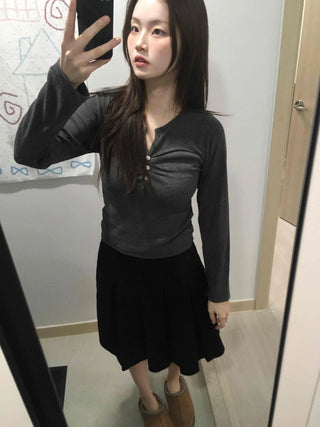Center Shirred Button V-Neck Voluminous Long Sleeve Tee